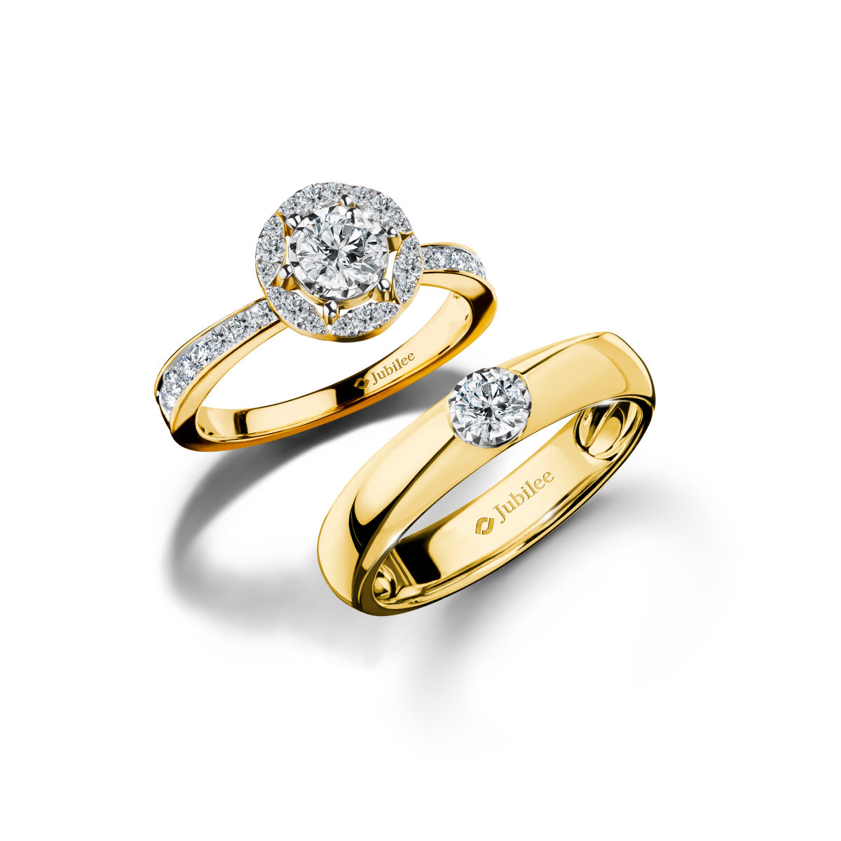แหวนเพชร Single Line Halo Ring & Classic Shadow Solitaire Band