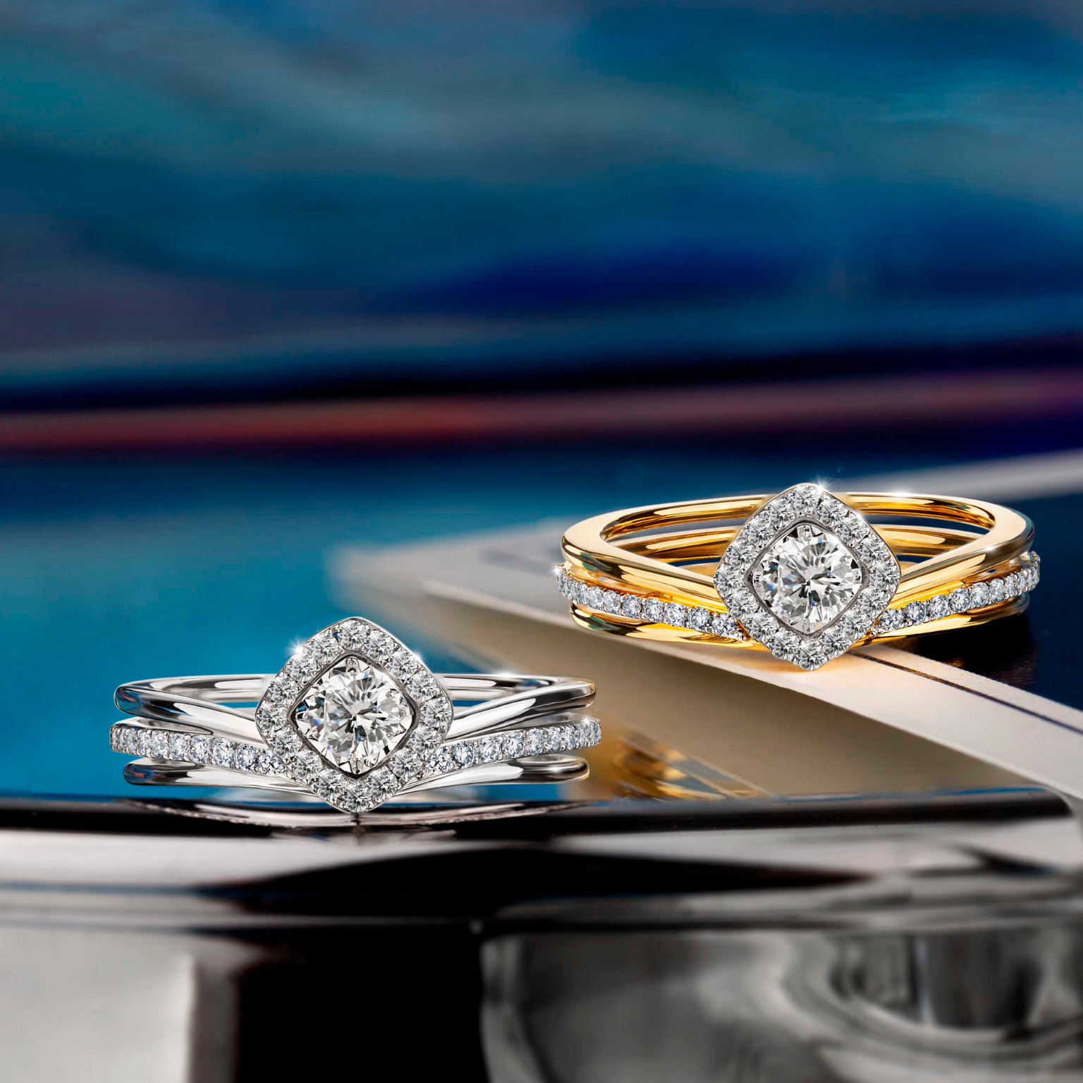 แหวนเพชร Triple Step Rhombus Halo Diamond Ring