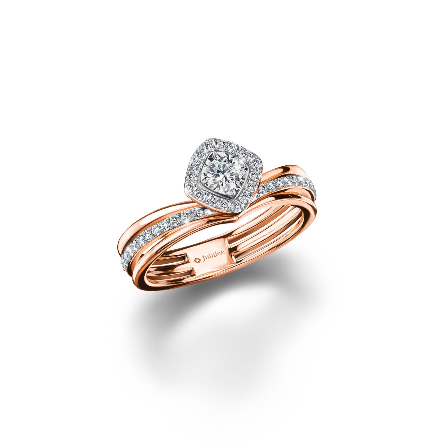 แหวนเพชร Triple Step Rhombus Halo Diamond Ring